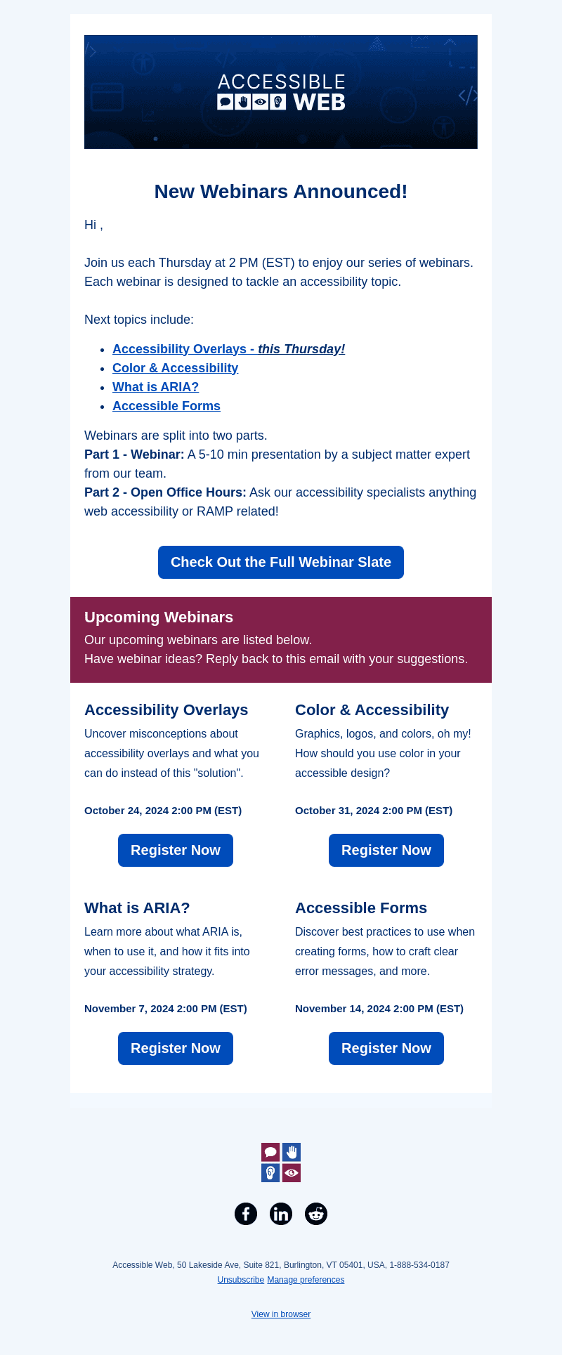 New Webinars! 💻 Overlays, Color & Accessibility, and ARIA