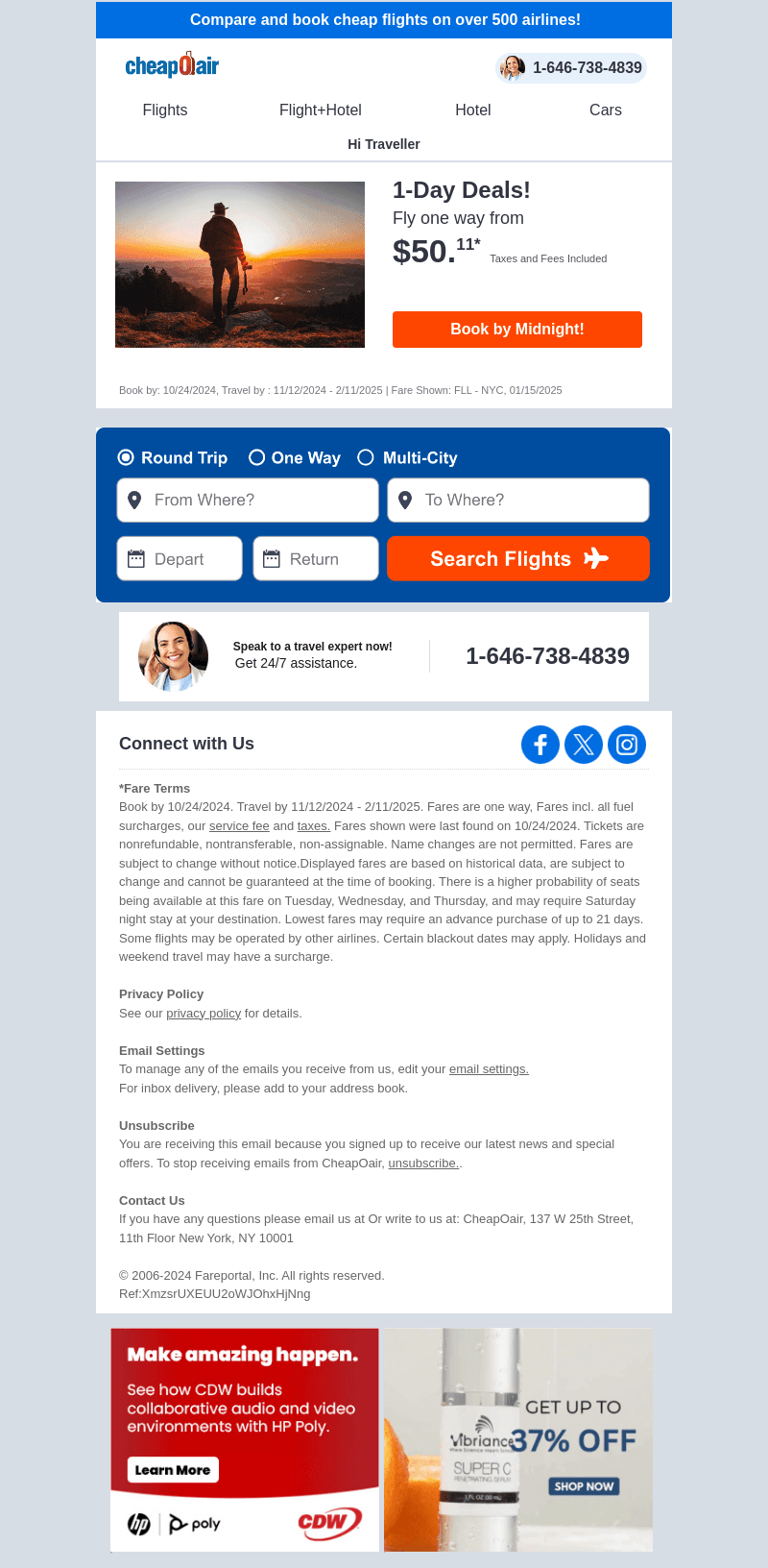 ✈ 1-Day Deals!  Fly from $50.11