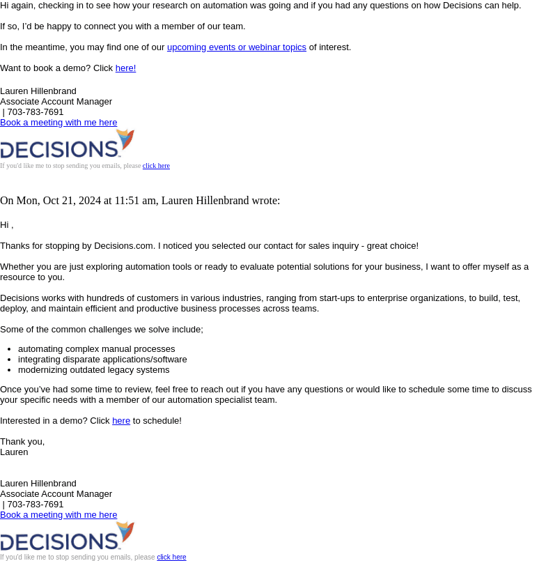 Re: Your Decisions Sales Inquiry