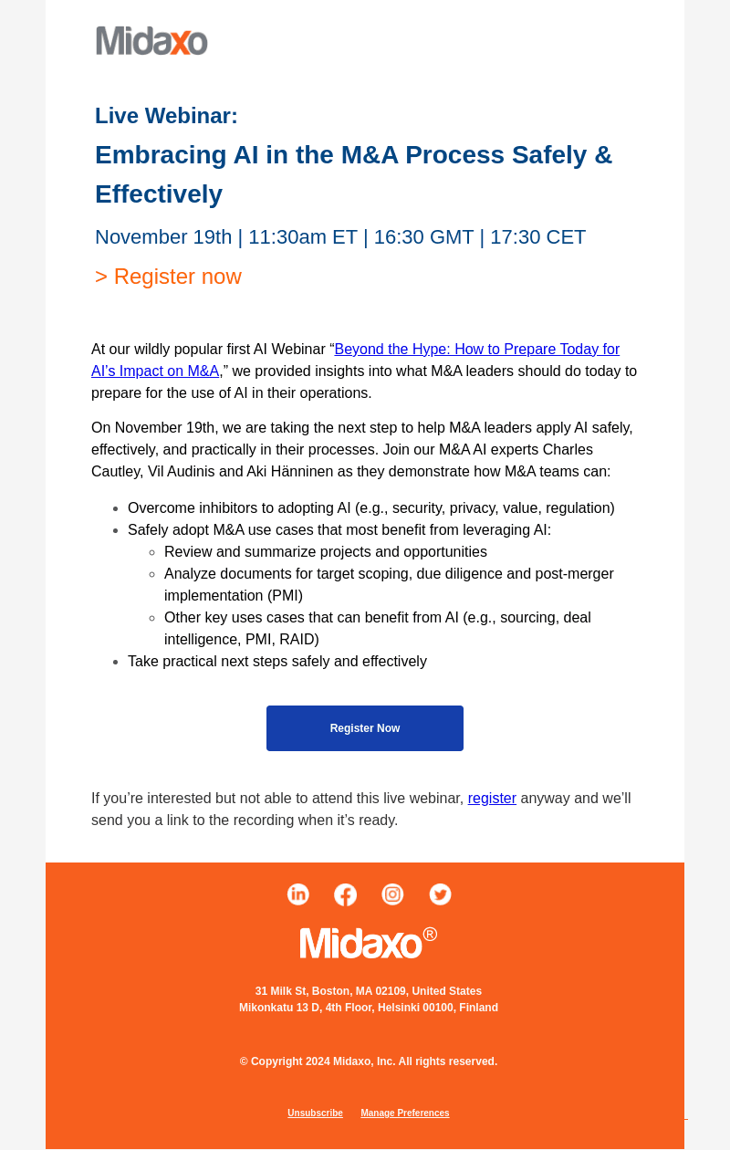Webinar Next Week - Embracing AI In the M&A Process Safely & Effectively