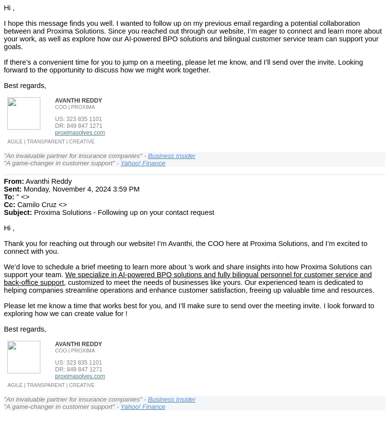 RE: Proxima Solutions - Following up on your contact request