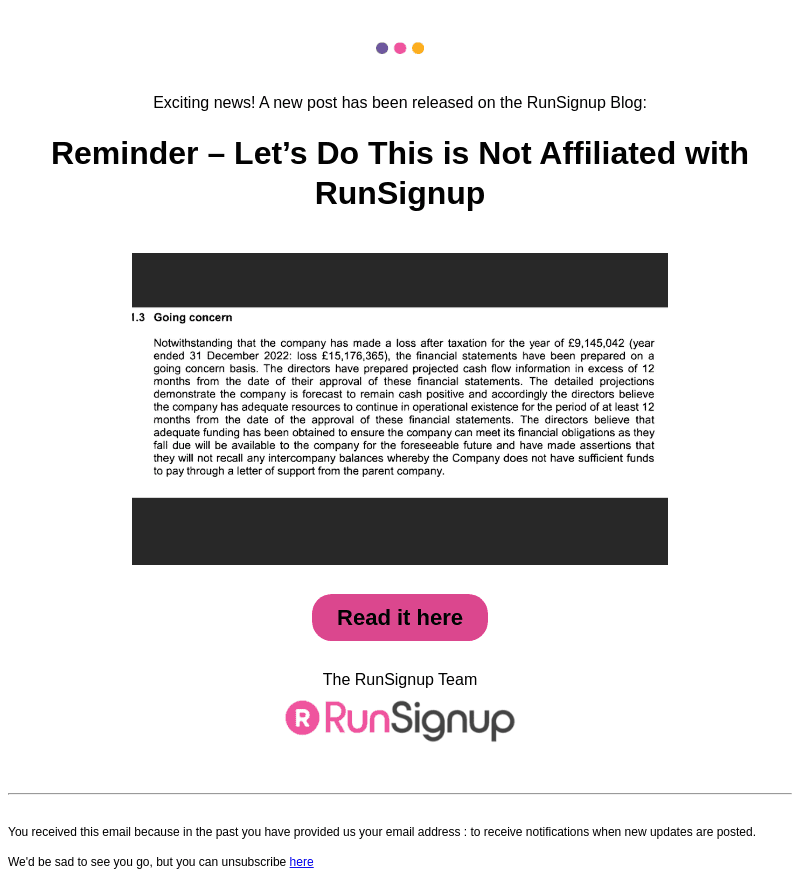 New Post! - Reminder - Let's Do This is Not Affiliated with RunSignup