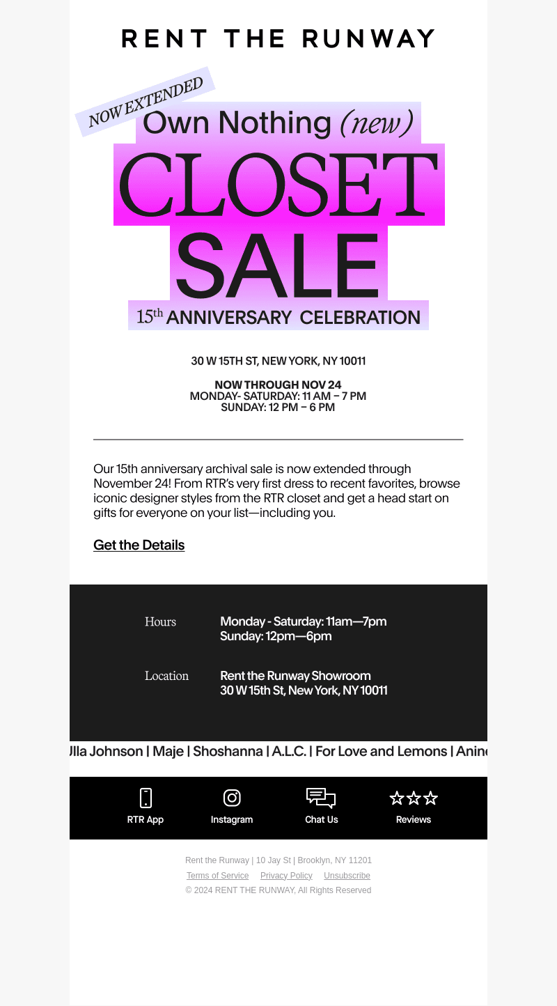 Rent the Runway email from Mon, Nov 18, 2024
