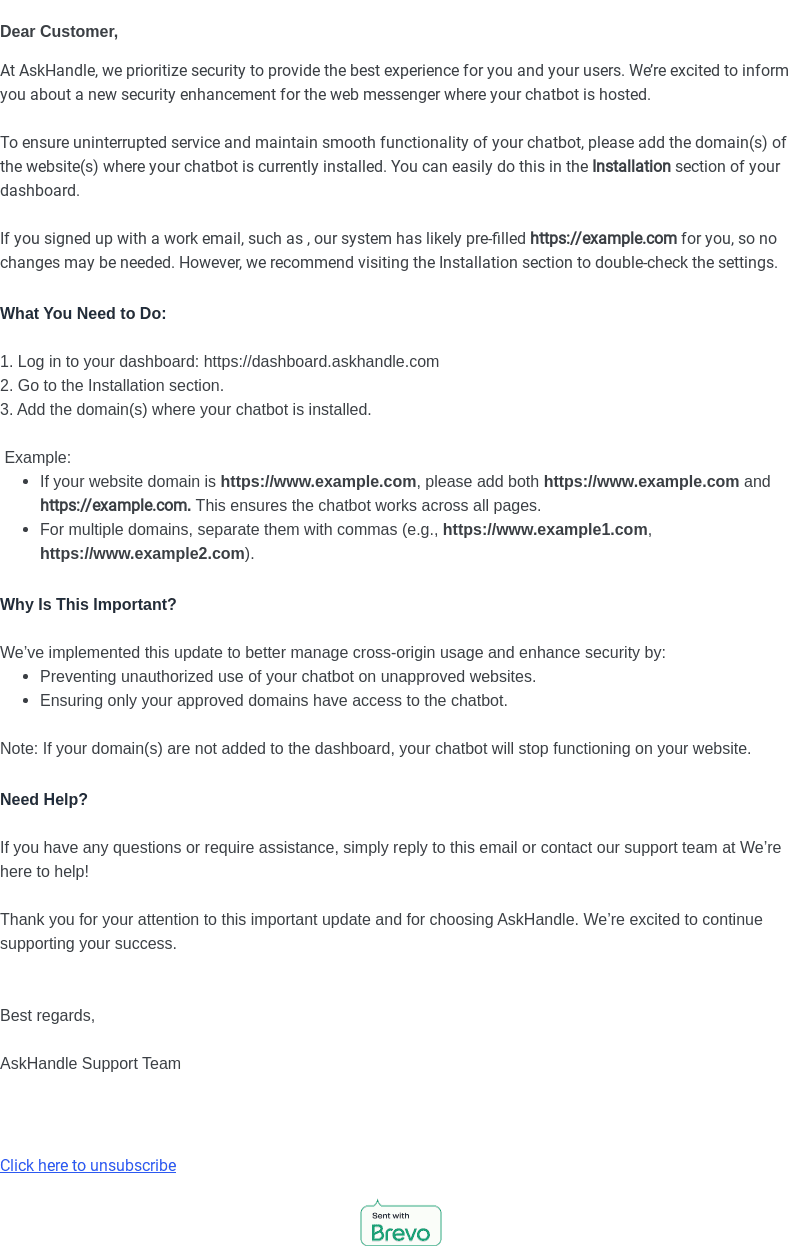 Action Required: Add Your Domain(s) in AskHandle Dashboard to Keep Your Widget Functional