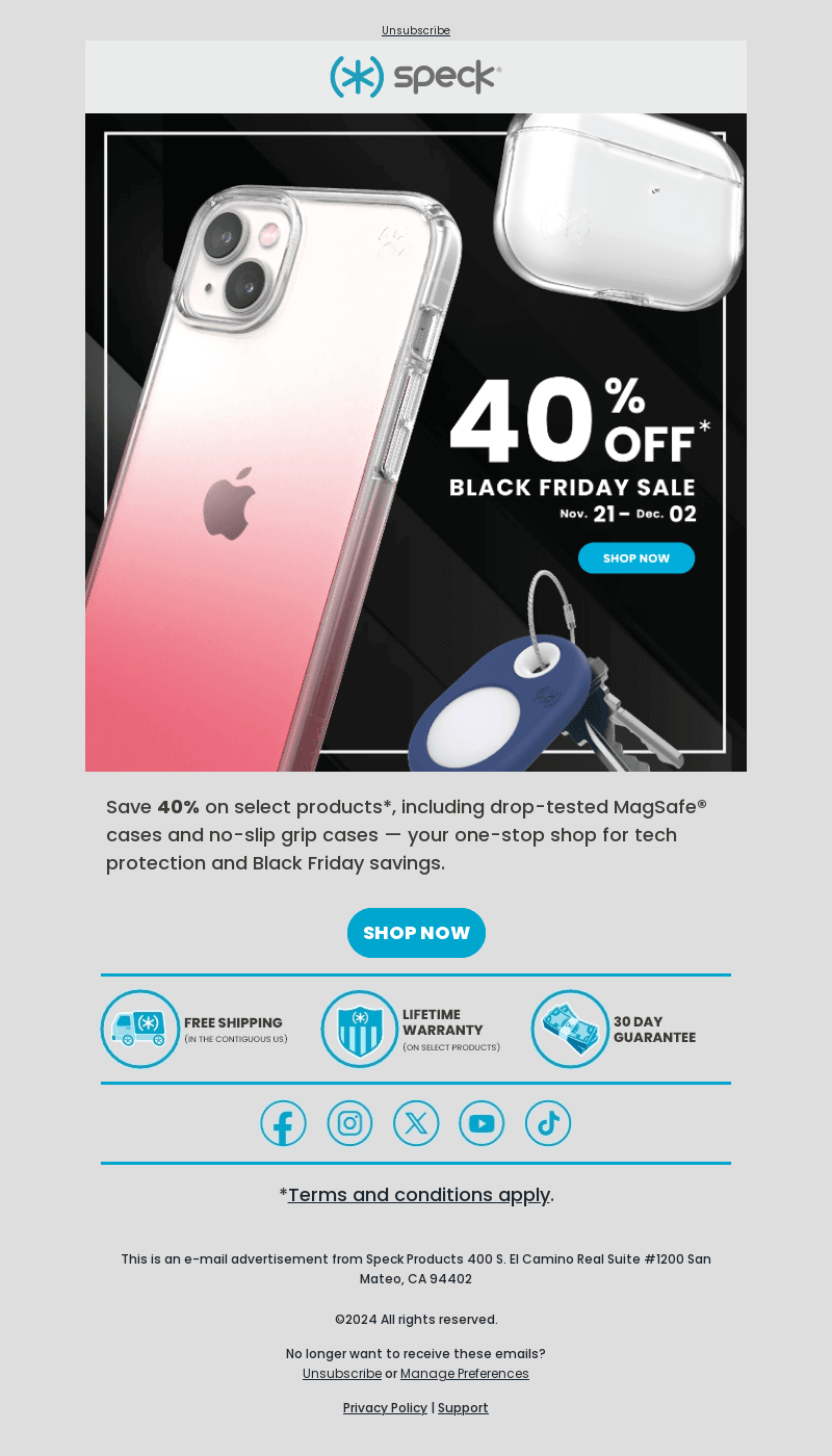 Speck Products email from Thu, Nov 21, 2024