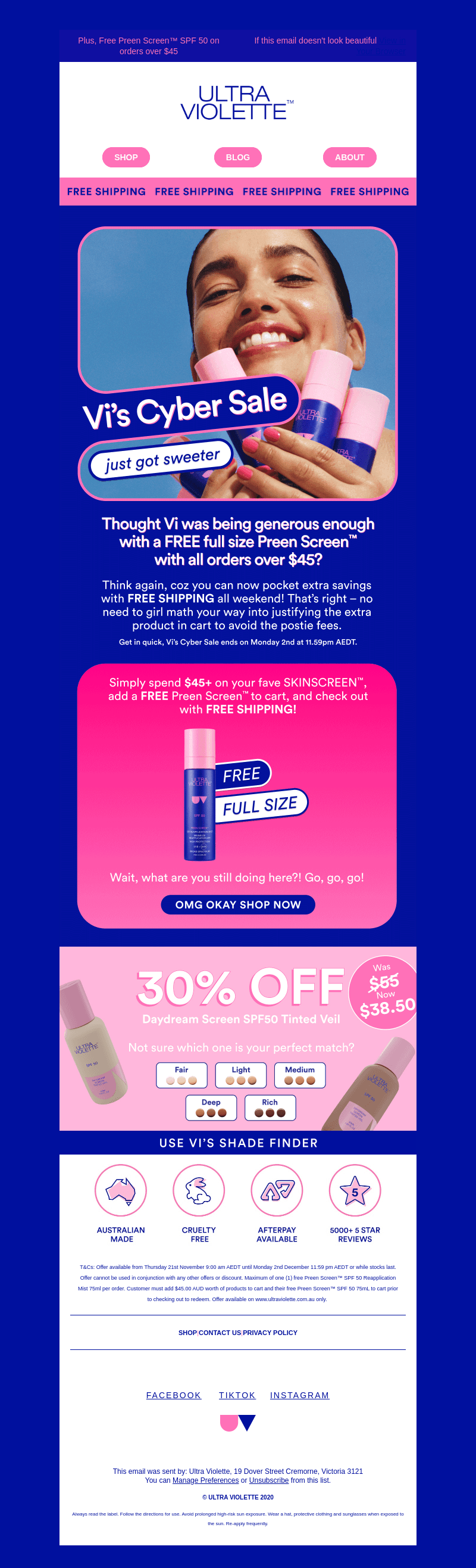 Vi's shouting FREE shipping on all orders