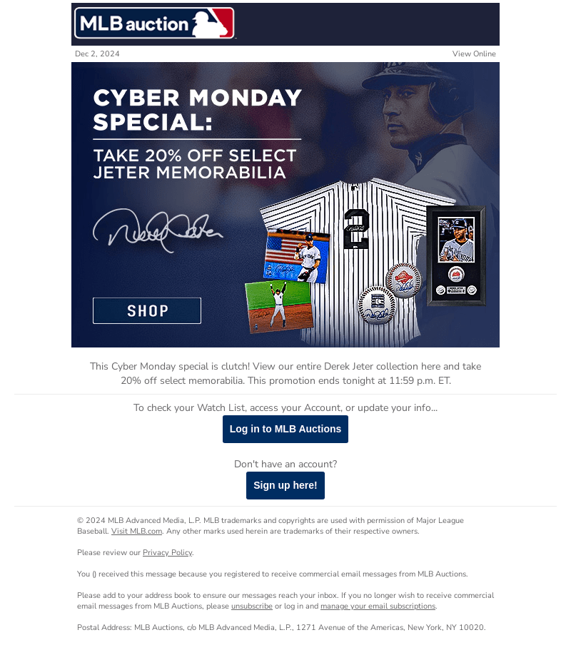 Cyber Monday Special: Take 20% Off Select Jeter Memorabilia