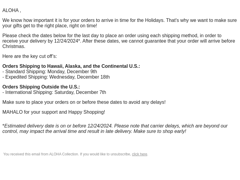 ALOHA Collection email from Wed, Dec 4, 2024