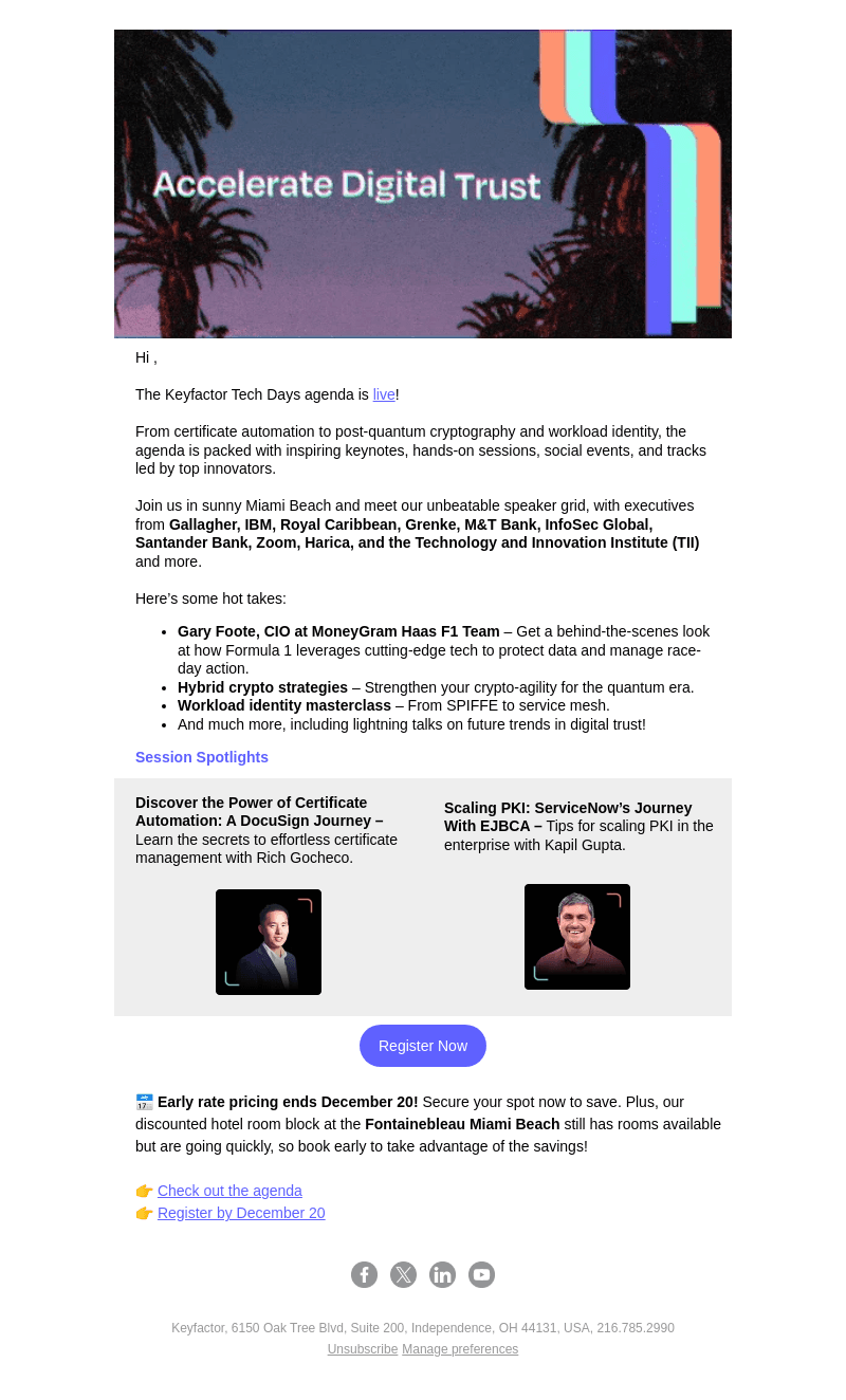 Keyfactor Tech Days Agenda LIVE & 1 week before rates go up!