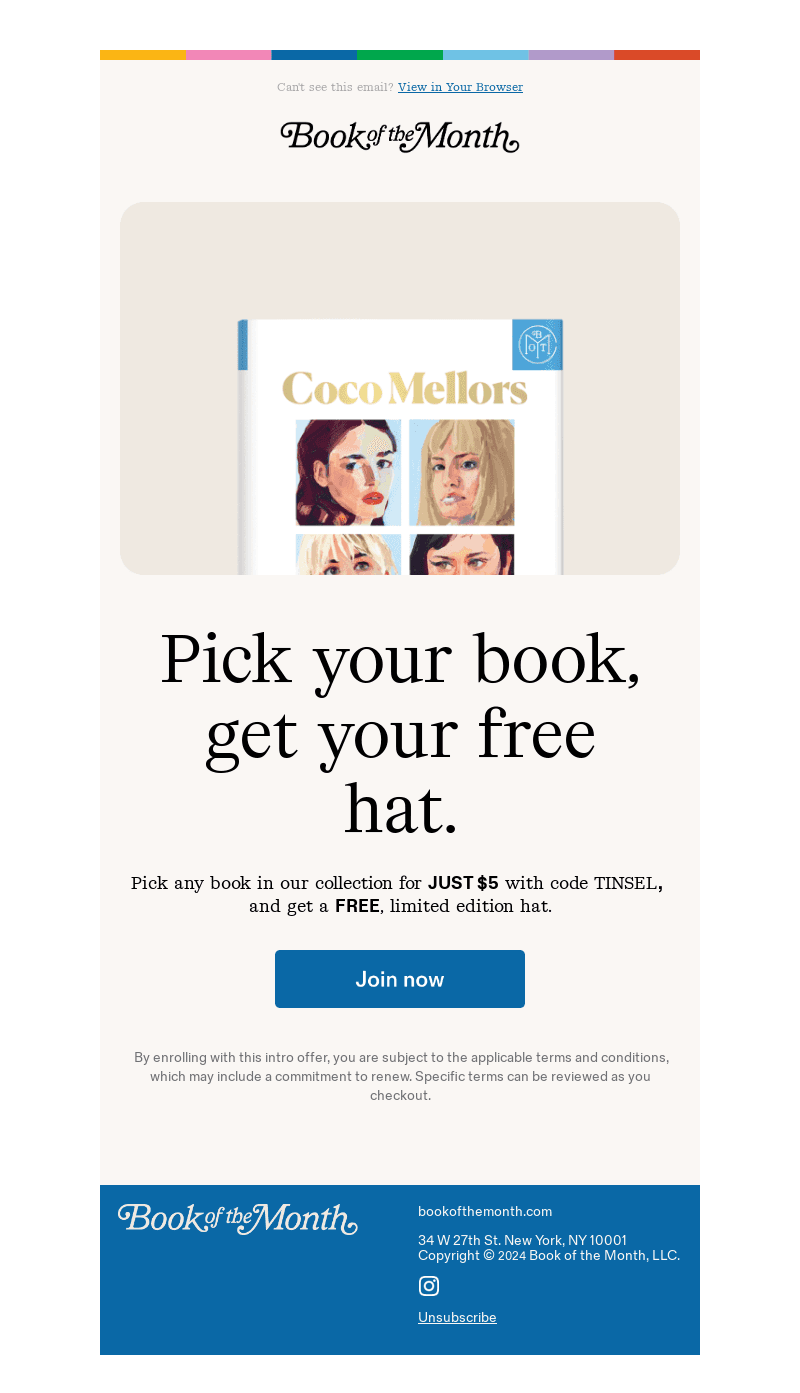 Any book for $5, plus a free hat.