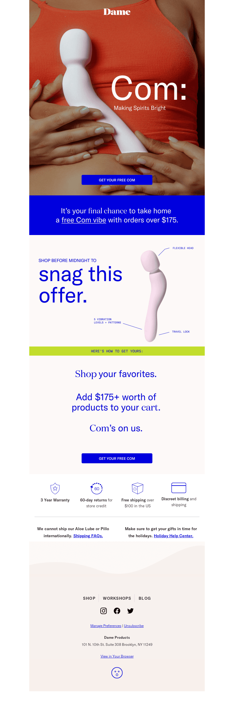 Last chance! FREE Com with orders $175+