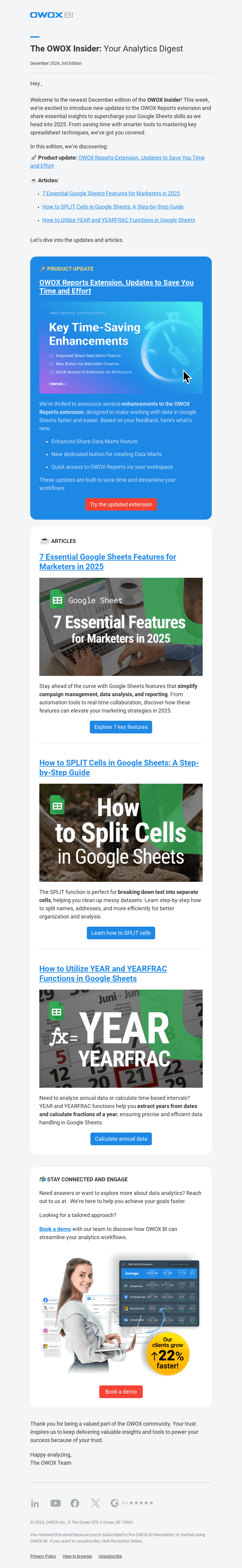 📊 December OWOX Insider: Master Google Sheets – SPLIT, YEAR, and 7 Essential Features for Marketers!