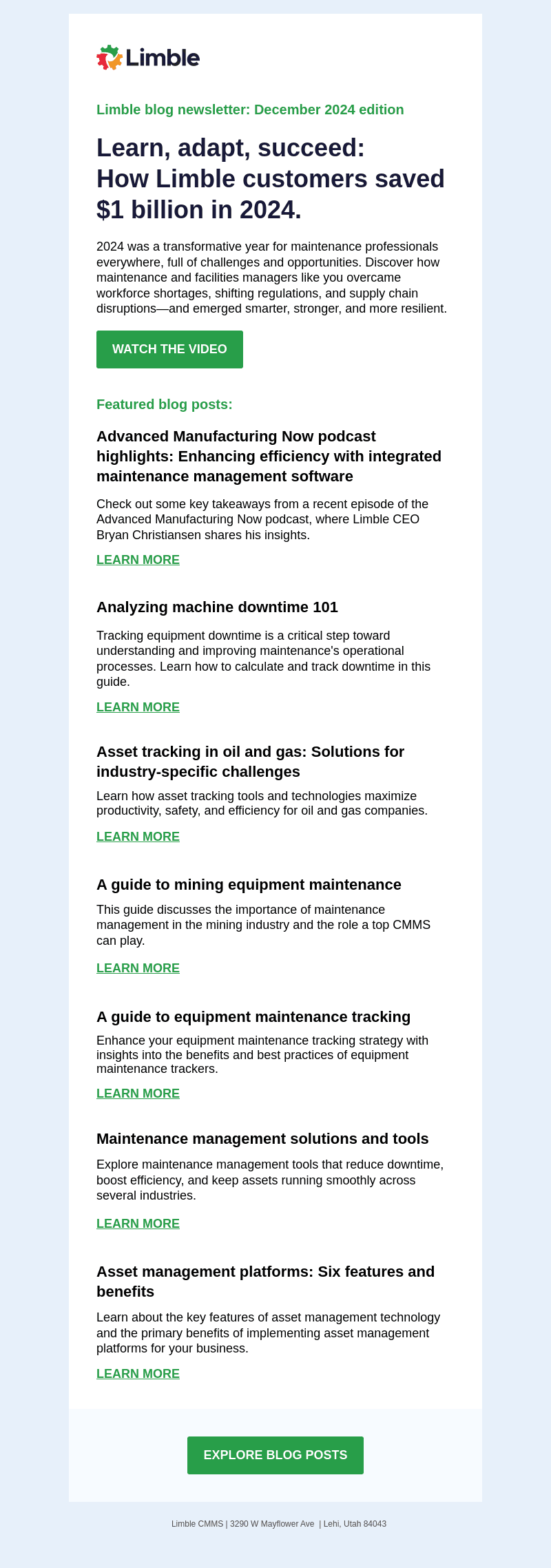 Limble CMMS email from Fri, Dec 20, 2024