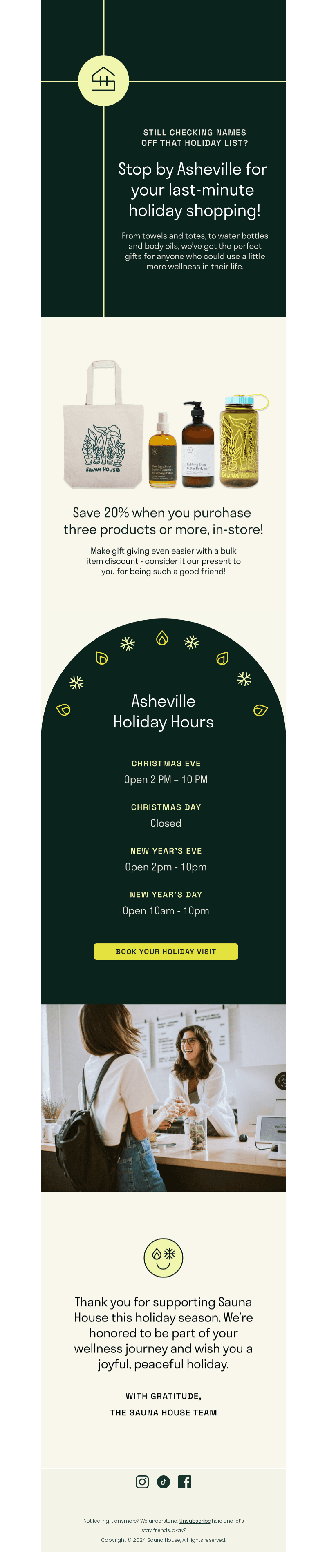 Holiday hours: make time for wellness.