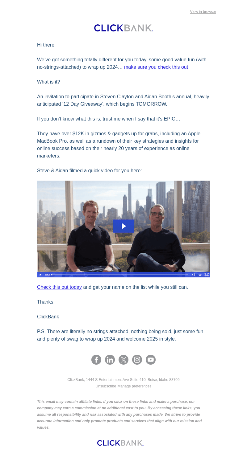 ClickBank email from Tue, Dec 24, 2024