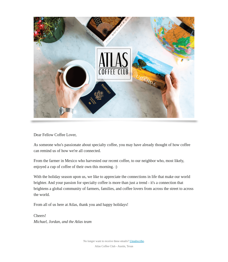 Atlas Coffee Club email from Tue, Dec 24, 2024