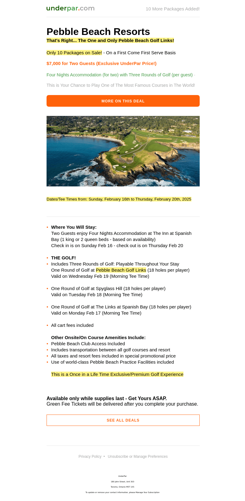 By Popular Demand - 10 Pebble Beach Packages Added!