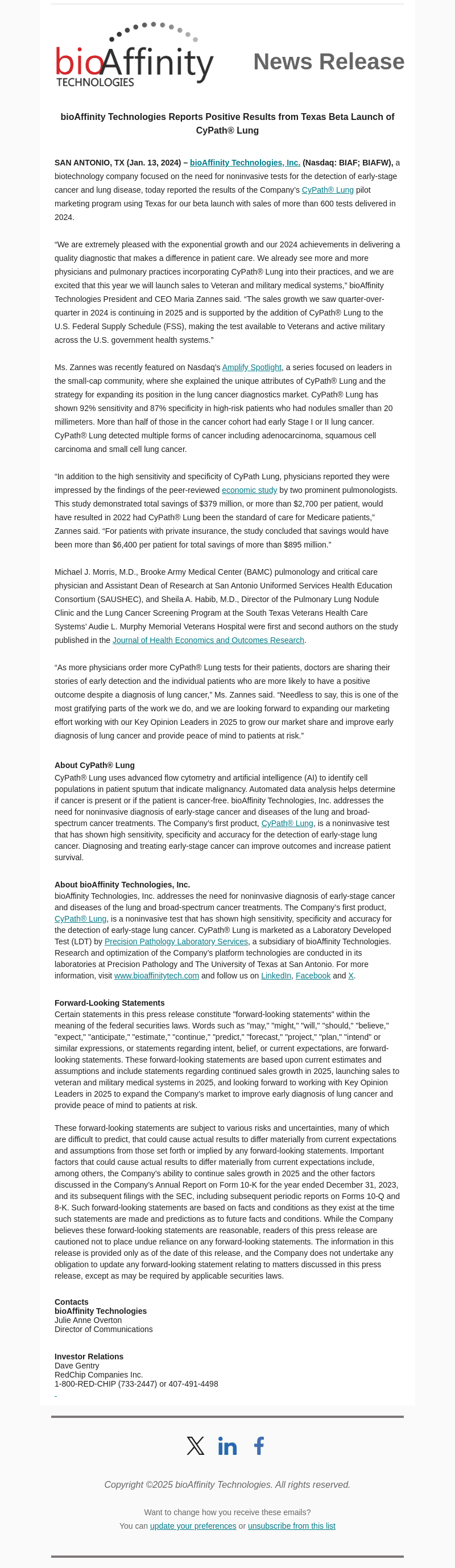 BioAffinity Technologies email from Mon, Jan 13, 2025