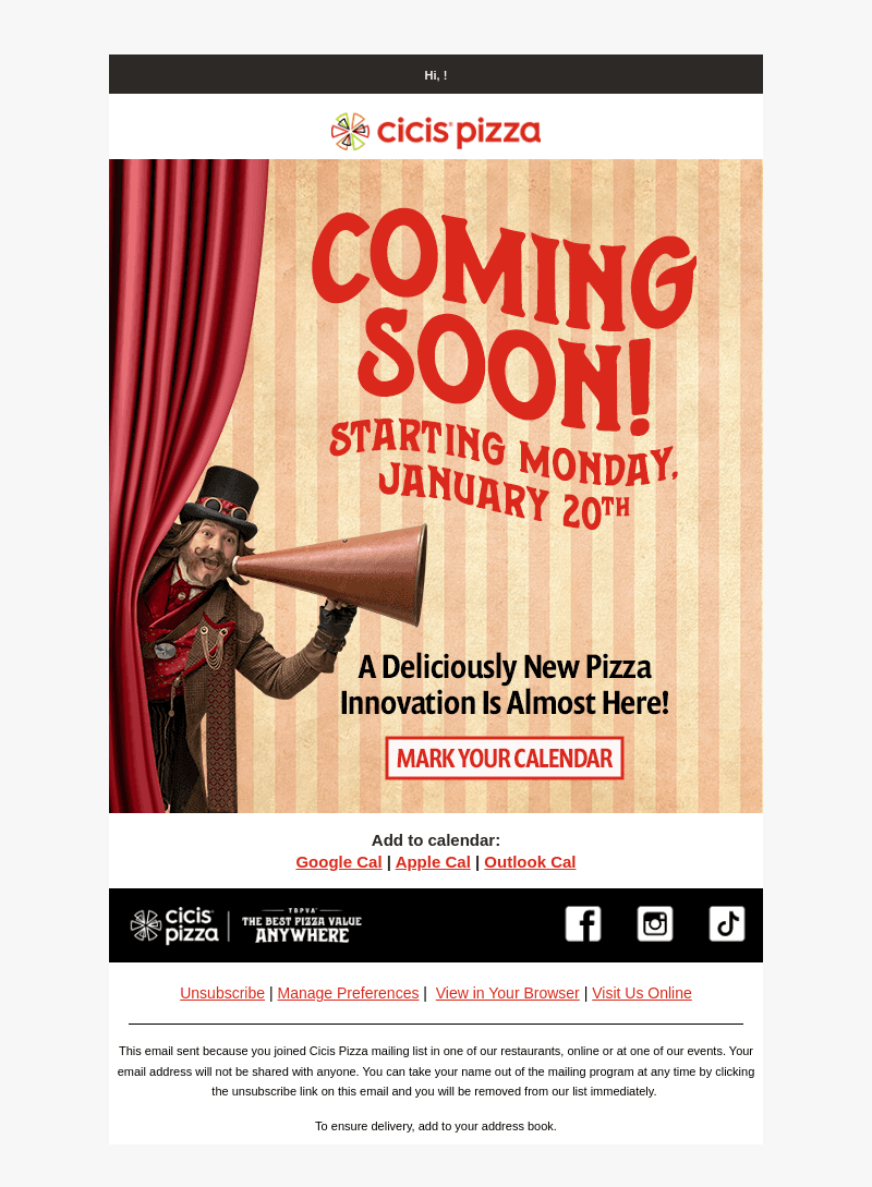 Cici's Pizza email from Wed, Jan 15, 2025