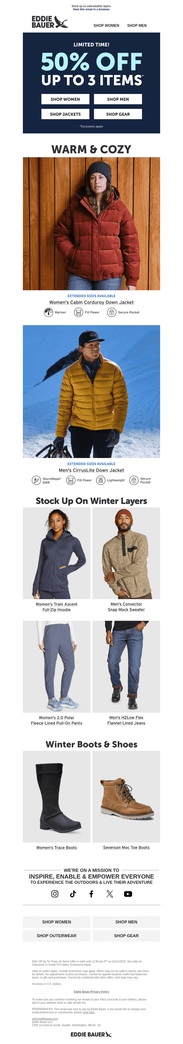LAYER UP! 50% Off Up To 3 Items. Exclusions Apply