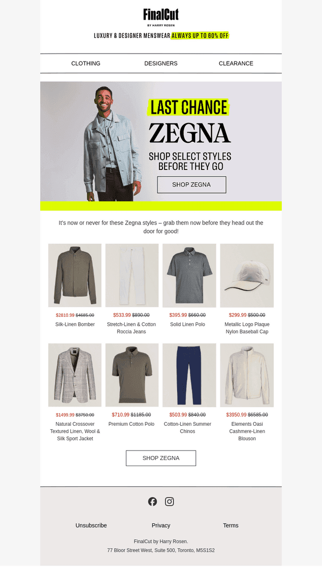 ZEGNA LAST CHANCE: Select Styles Leaving Soon