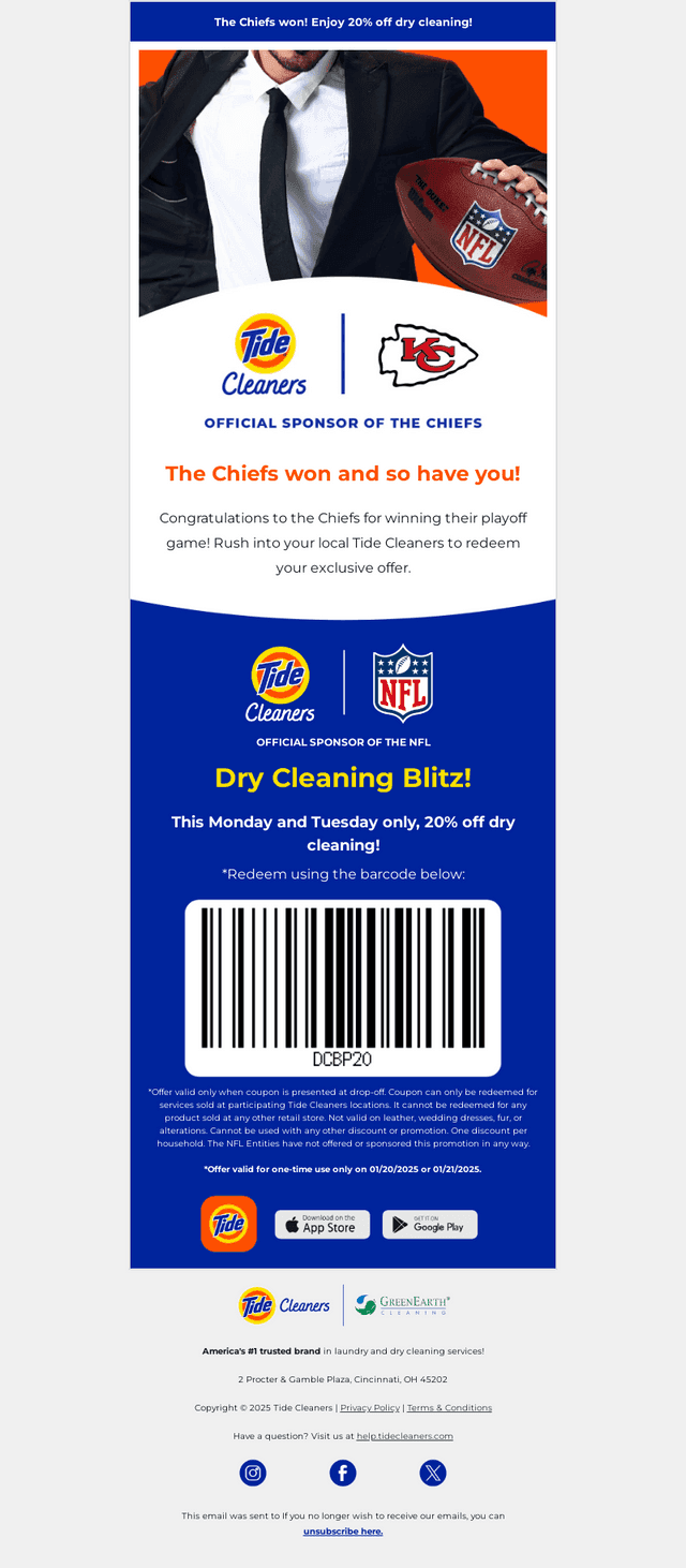 Chiefs win! Enjoy 20% off dry cleaning! 🏈
