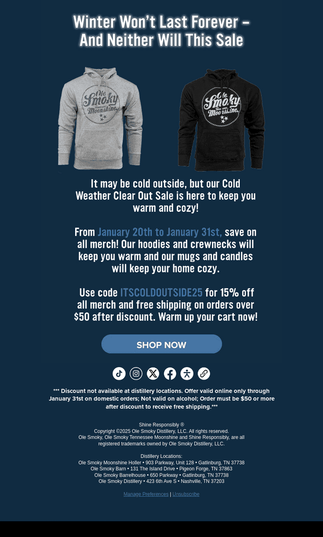 Ole Smoky Distillery email from Tue, Jan 21, 2025