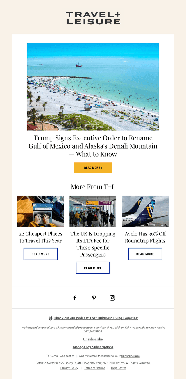 Travel + Leisure email from Tue, Jan 21, 2025