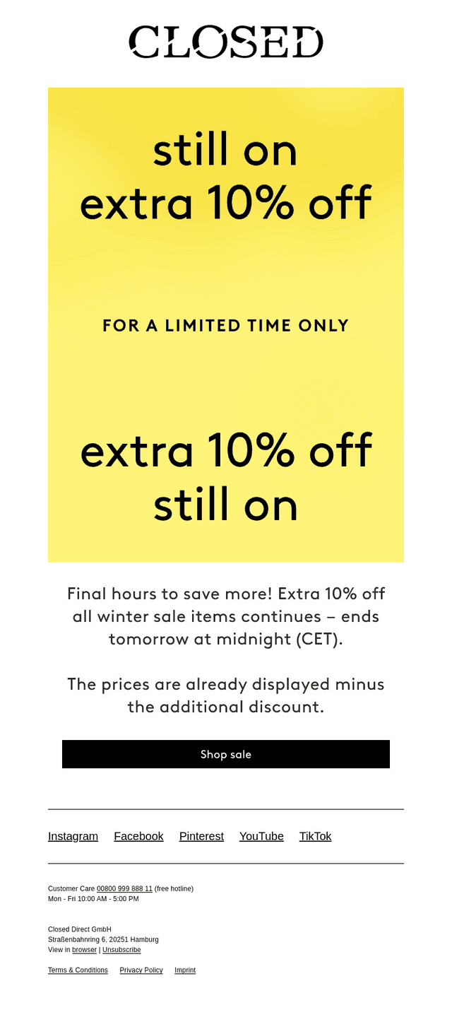 Extra 10% off all winter sale items continues