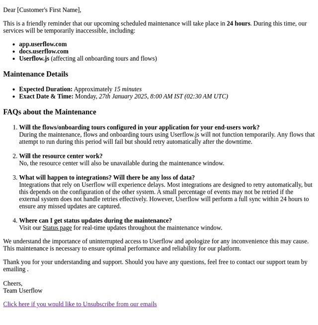 Reminder: Scheduled Maintenance for Userflow in 24 Hours