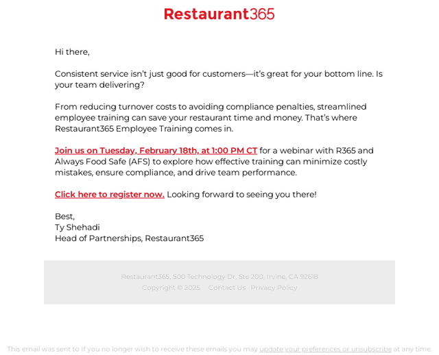 Restaurant365 email from Tue, Feb 4, 2025