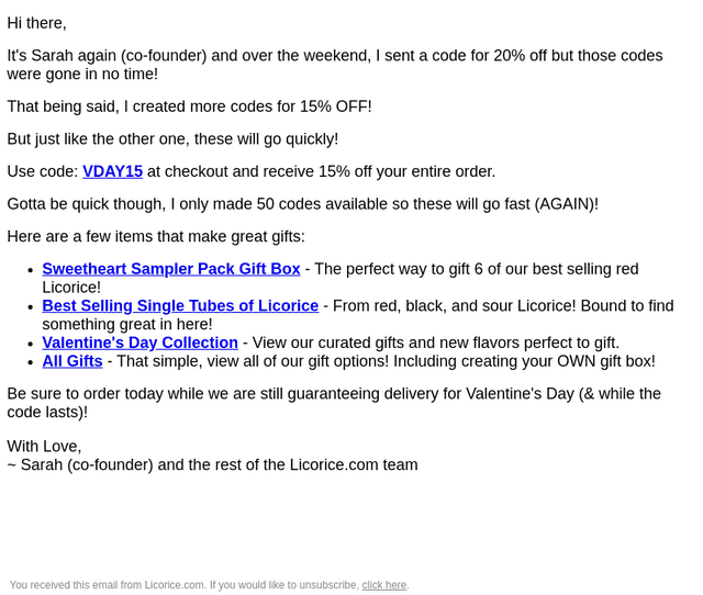 Last Call - 15% off Valentine's Day