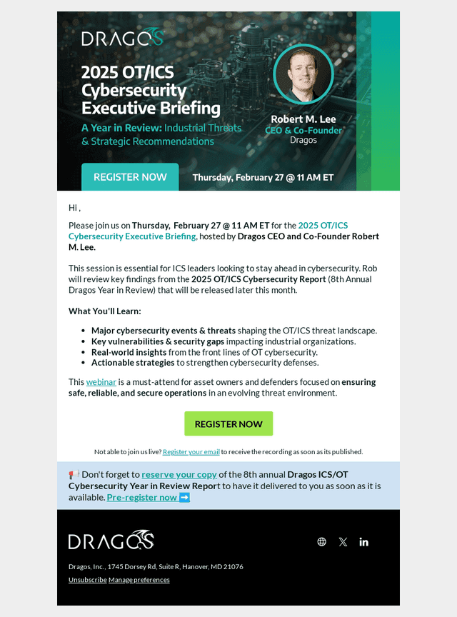 Join Robert M. Lee for this year's OT Cybersecurity Executive Briefing