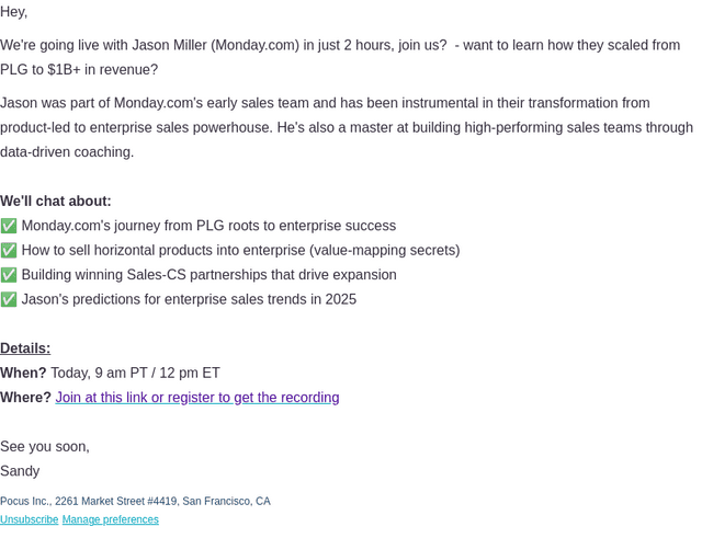 Live with Jason Miller (Monday.com) in 2 hours