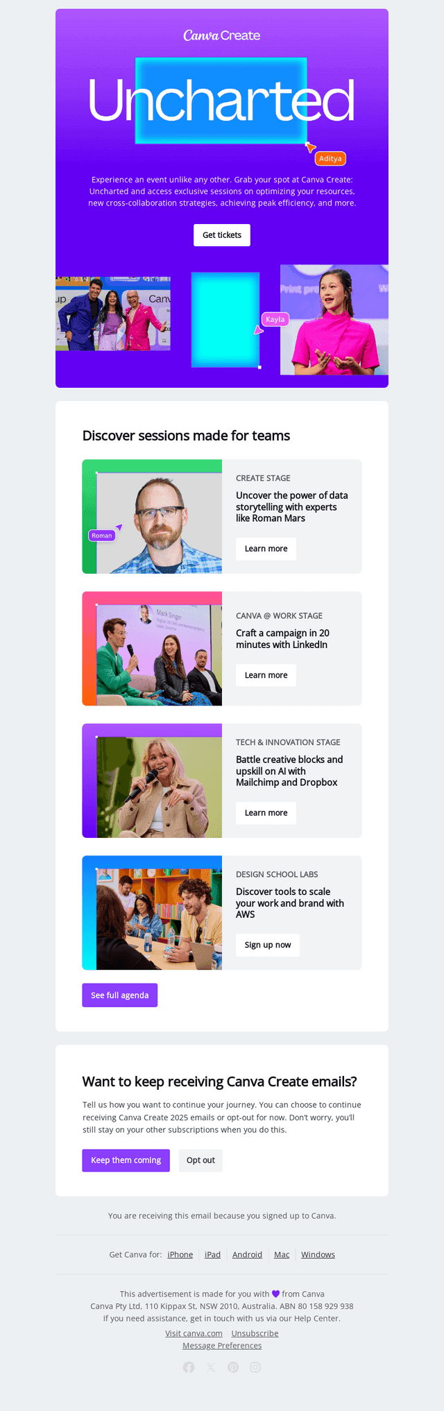 100+ speakers. All at Canva Create: Uncharted