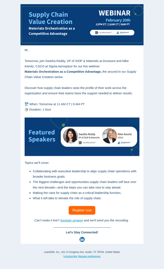 Webinar Tomorrow: Supply Chain Value Creation Series