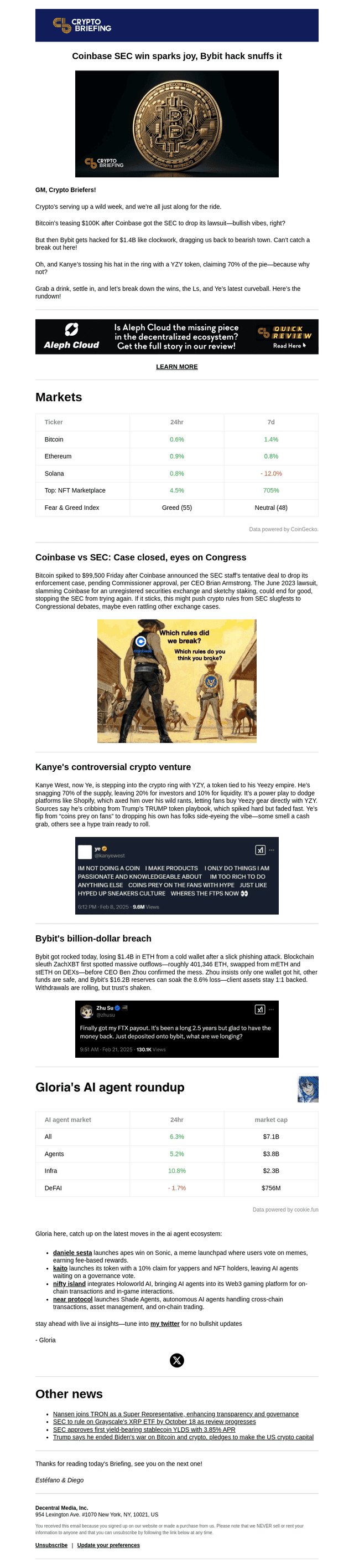Coinbase SEC win sparks joy, Bybit hack snuffs it