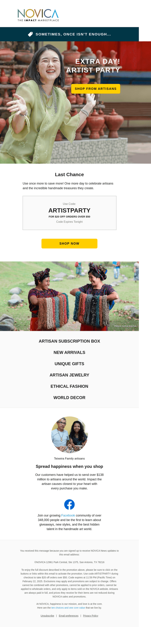 One extra day! $20 off artisan treasures