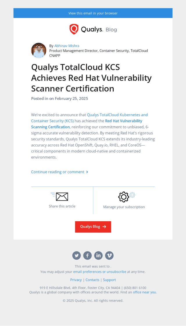Read the latest post - Qualys TotalCloud KCS Achieves Red Hat Vulnerability Scanner Certification
