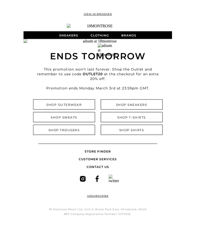 Extra 20% Off Outlet Ends Tomorrow.