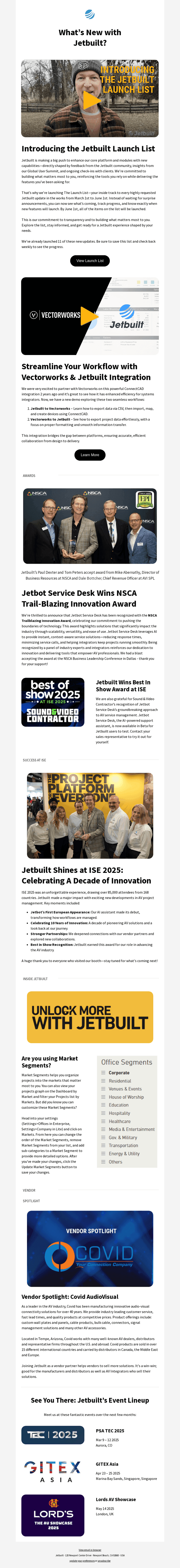 Jetbuilt's Launch List, Vectorworks Integration, Jetbot Wins Awards and More