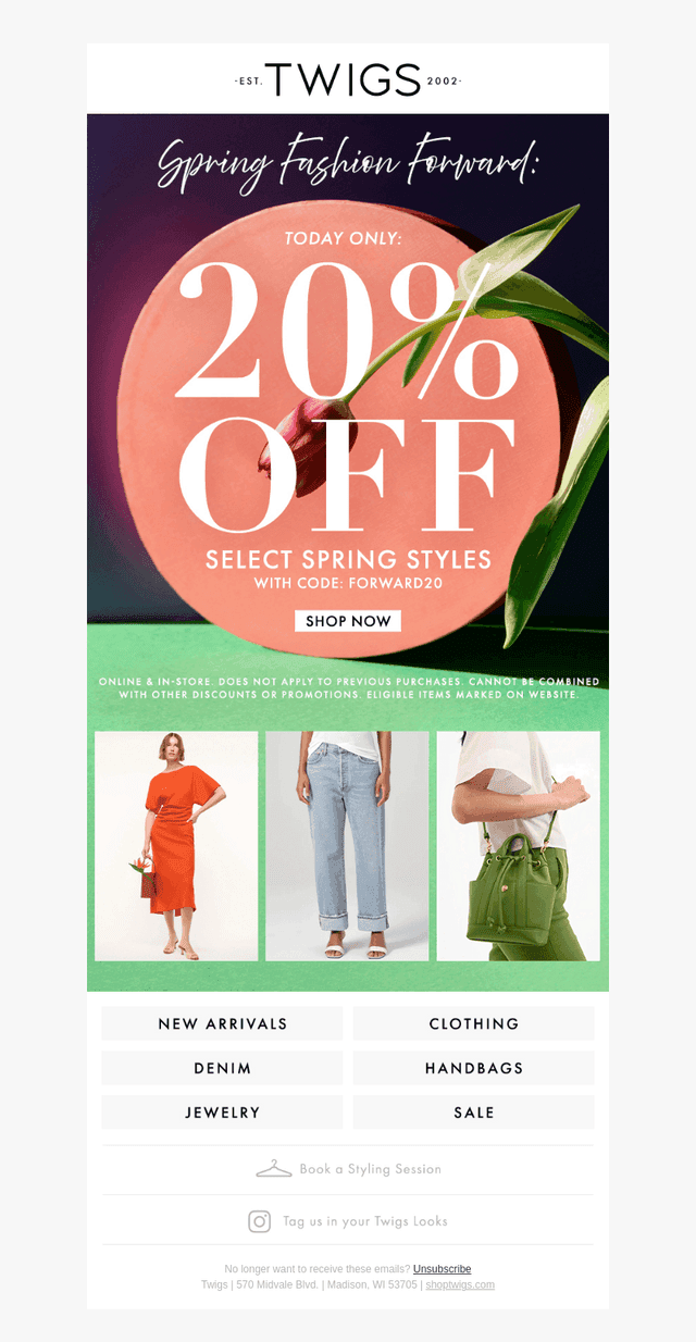 TODAY ONLY! 20% Off Spring Hits