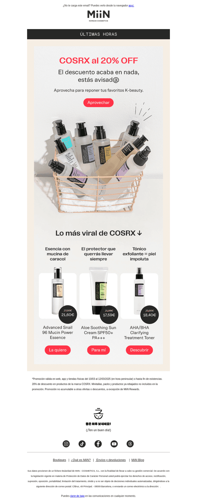 Último día 🚨 20% OFF COSRX