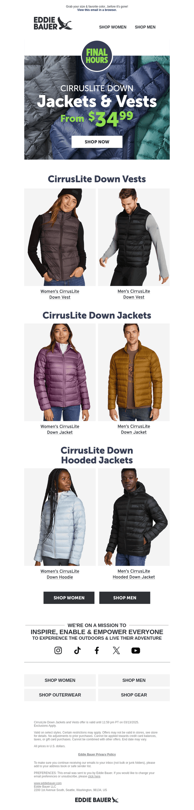 FINAL HOURS! CirrusLite Down Outerwear From $34.99