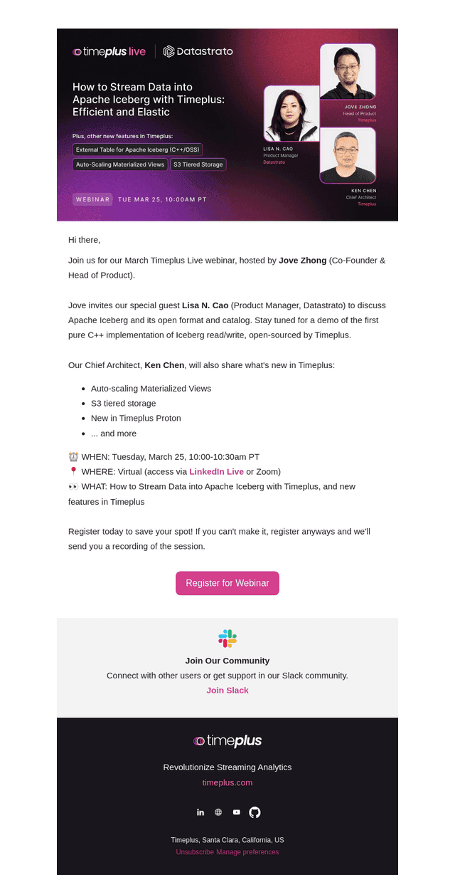 🎙️ Upcoming Webinar: How to Stream Data into Apache Iceberg with Timeplus (Mar 25)