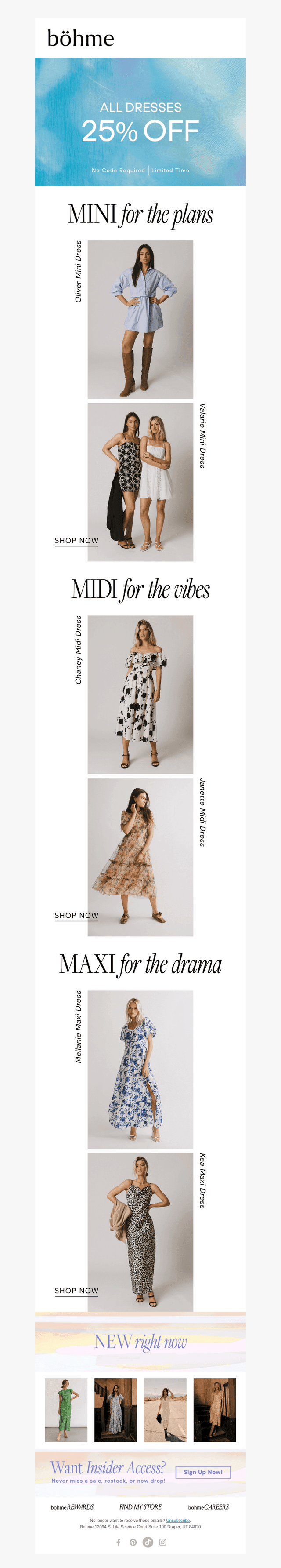 25% OFF ALL DRESSES – mini, midi & maxi