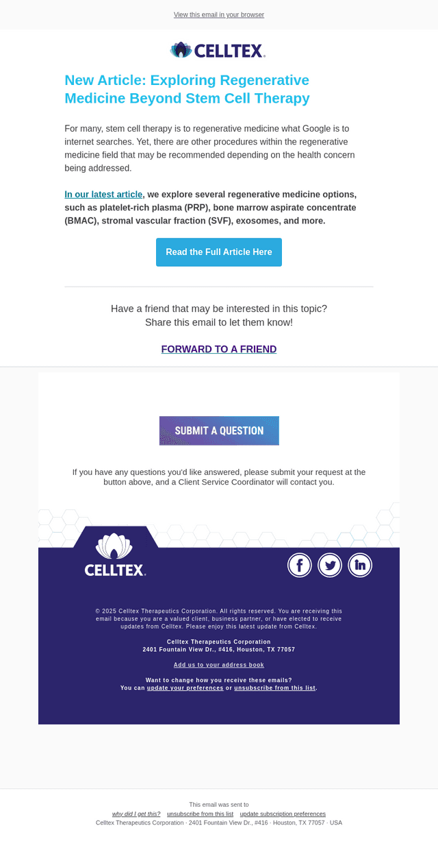 Celltex Therapeutics email from Mon, Mar 24, 2025
