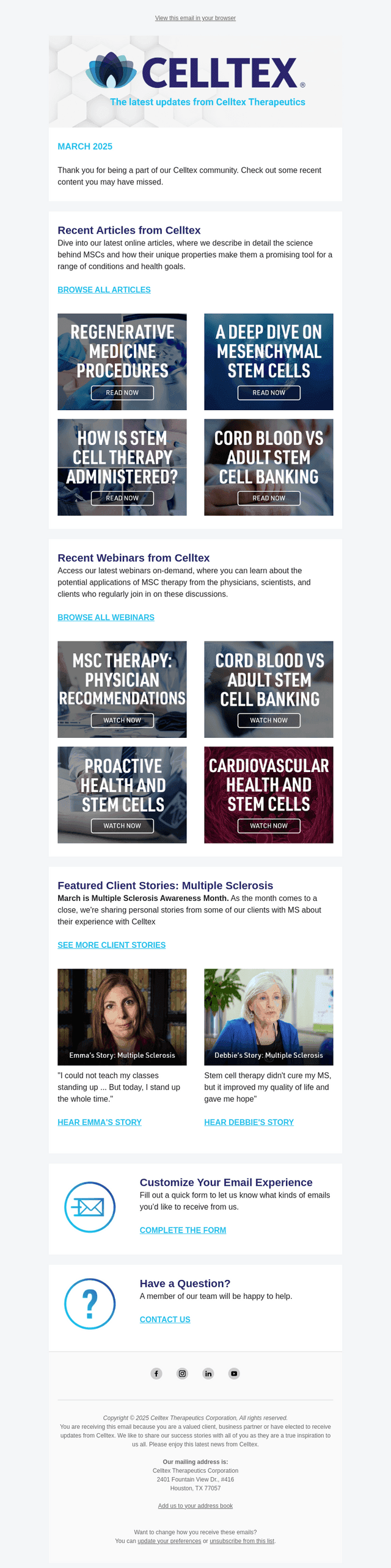 Celltex Therapeutics email from Mon, Mar 31, 2025
