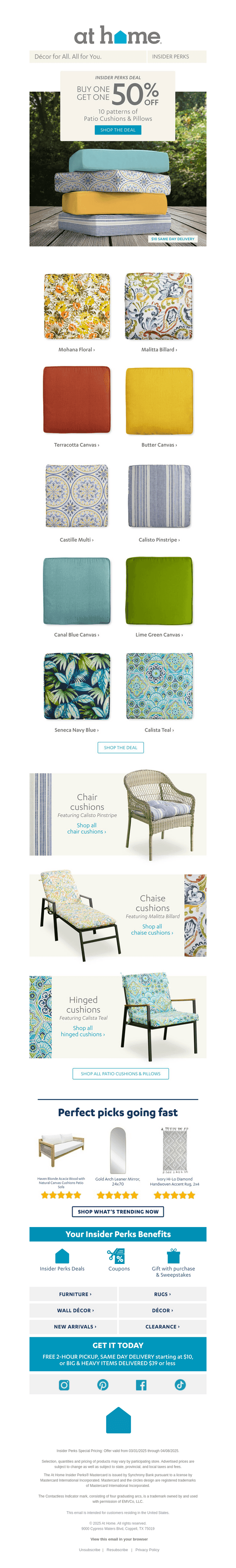 , BOGO 50% off bright patterns for outdoor seating ☀️