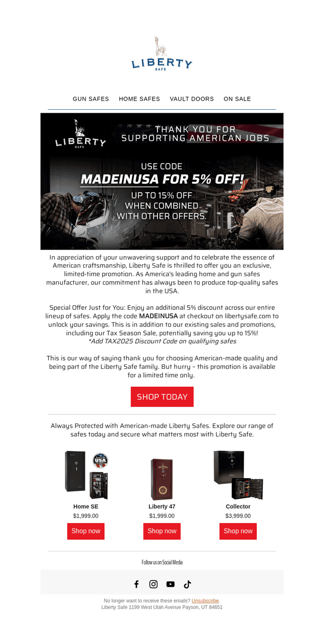 Liberty Safe email from Thu, Apr 3, 2025